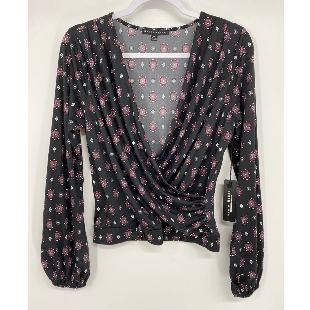 Haute Monde Womens Black Red Vneck Long Sleeve Blouse Top Shirt NEW Size Medium